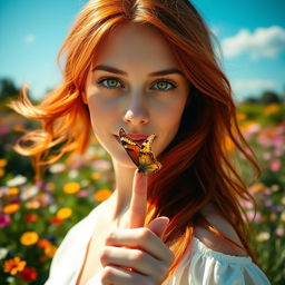 A stunning close-up of a woman with flowing red hair and bright green eyes, delicately holding a butterfly on her finger