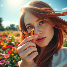 A stunning close-up of a woman with flowing red hair and bright green eyes, delicately holding a butterfly on her finger