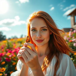 A stunning close-up of a woman with flowing red hair and bright green eyes, delicately holding a butterfly on her finger