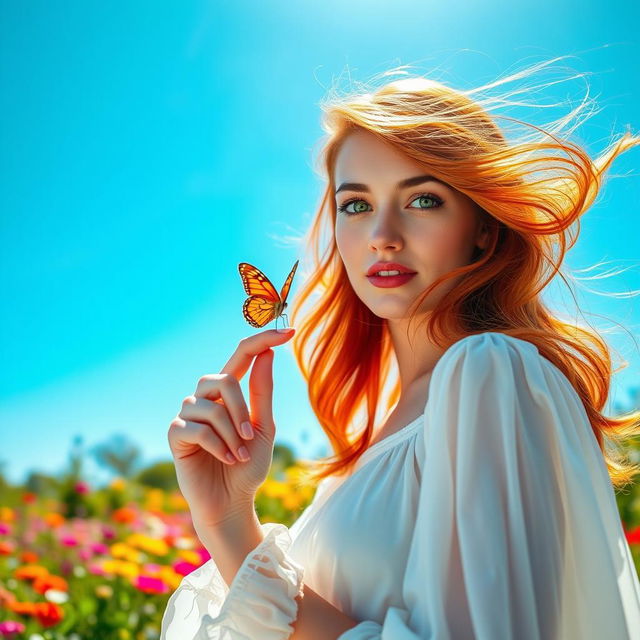 A stunning close-up of a woman with flowing red hair and bright green eyes, delicately holding a butterfly on her finger