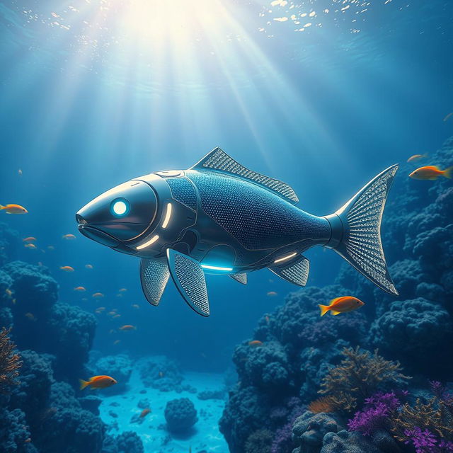 A futuristic robot catfish swimming gracefully in the deep blue sea