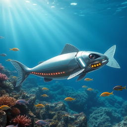 A futuristic robot catfish swimming gracefully in the deep blue sea