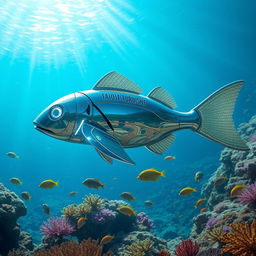 A futuristic robot catfish swimming gracefully in the deep blue sea