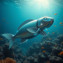 A futuristic robot catfish swimming gracefully in the deep blue sea