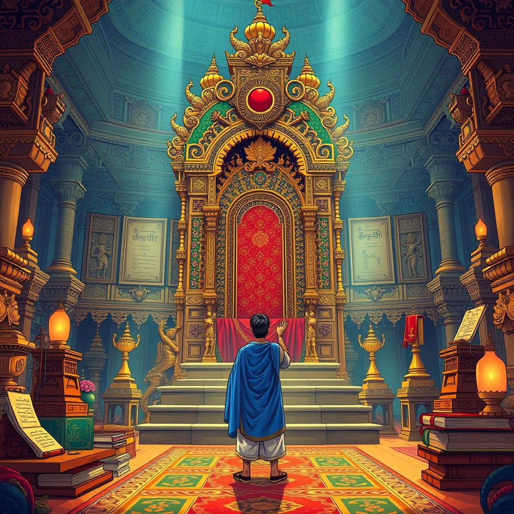 A richly detailed illustration inspired by the Indian folk tales of Singhasan Battisi