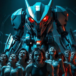 A futuristic, imposing robotic machine towering over a group of frightened humans