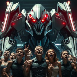 A futuristic, imposing robotic machine towering over a group of frightened humans