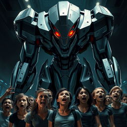 A futuristic, imposing robotic machine towering over a group of frightened humans