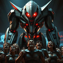 A futuristic, imposing robotic machine towering over a group of frightened humans