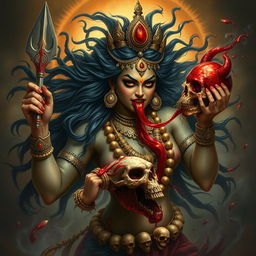 An intense and captivating scene of Devi Kali, depicted in a powerful anthropomorphic form, drinking the blood of the Raktabeej demon