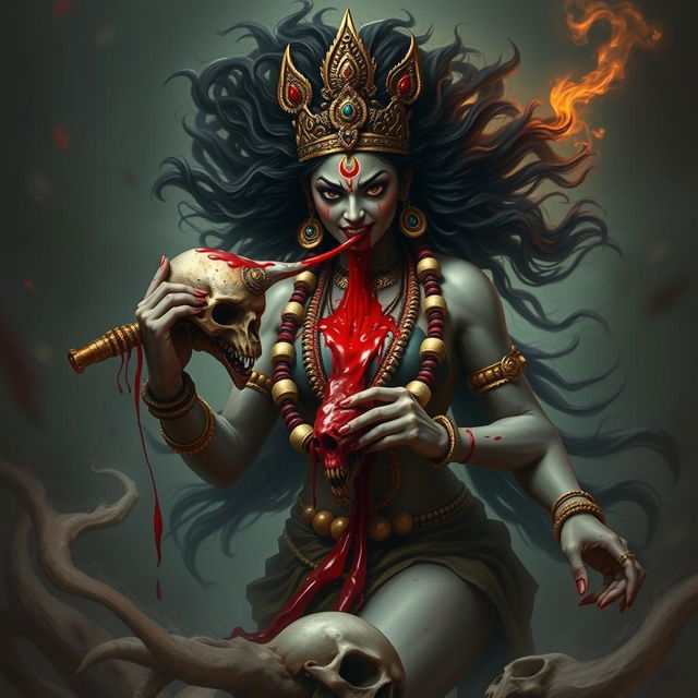 An intense and captivating scene of Devi Kali, depicted in a powerful anthropomorphic form, drinking the blood of the Raktabeej demon