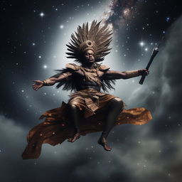 Ogun, Yoruba god of iron, flying in galaxies