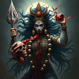 An intense and captivating scene of Devi Kali, depicted in a powerful anthropomorphic form, drinking the blood of the Raktabeej demon