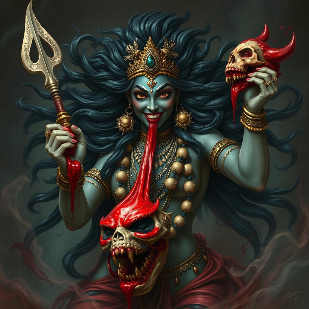 An intense and captivating scene of Devi Kali, depicted in a powerful anthropomorphic form, drinking the blood of the Raktabeej demon