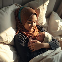 A beautiful Muslim hijabi girl gently lying in bed with a serene expression, cradling a sleeping baby on her chest