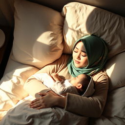 A beautiful Muslim hijabi girl gently lying in bed with a serene expression, cradling a sleeping baby on her chest
