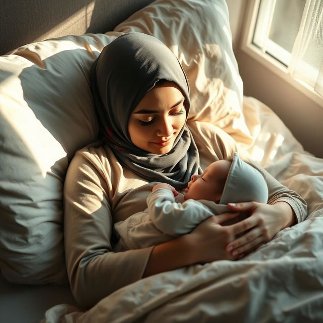 A beautiful Muslim hijabi girl gently lying in bed with a serene expression, cradling a sleeping baby on her chest