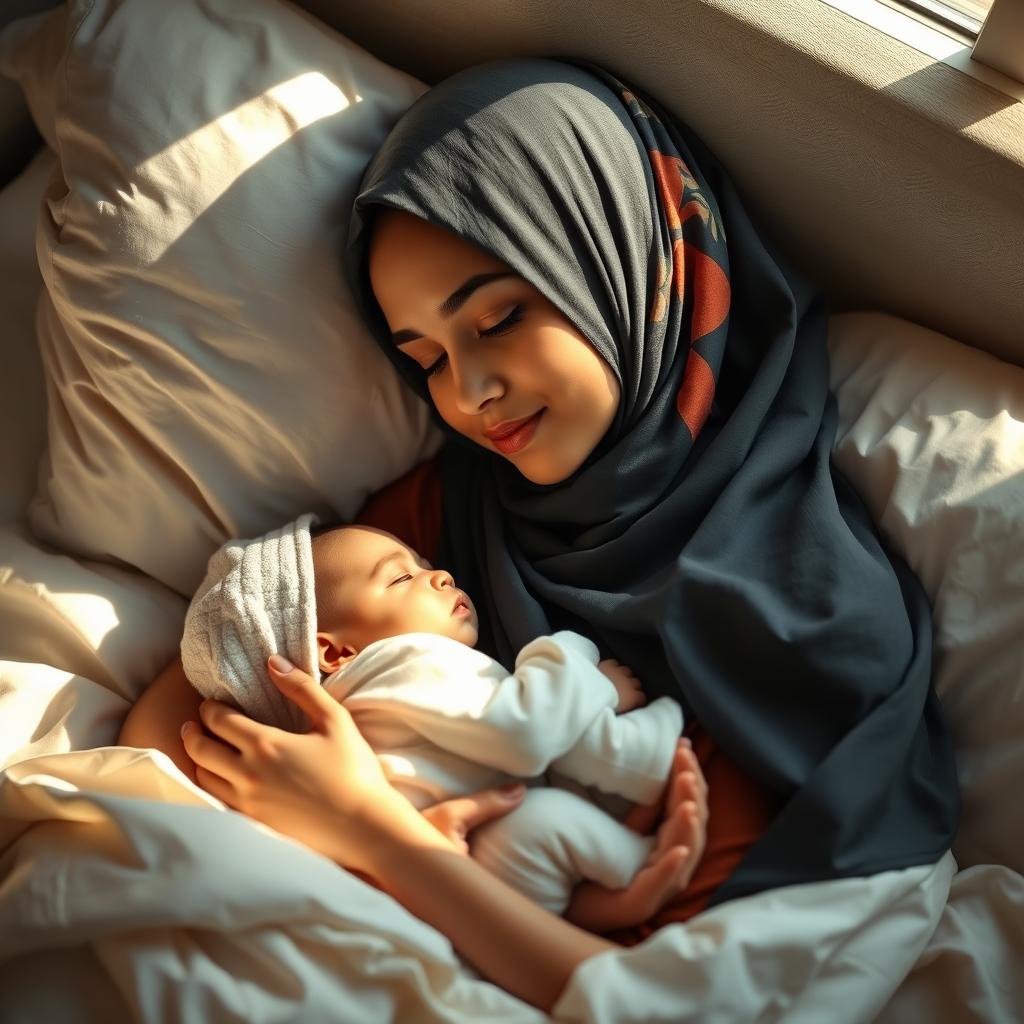 A beautiful Muslim hijabi girl gently lying in bed with a serene expression, cradling a sleeping baby on her chest