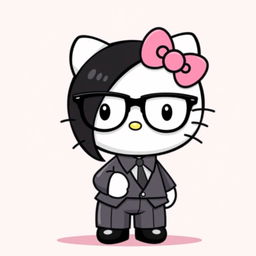 Hello Kitty with sleek black hair, wearing stylish glasses, dressed in a formal outfit