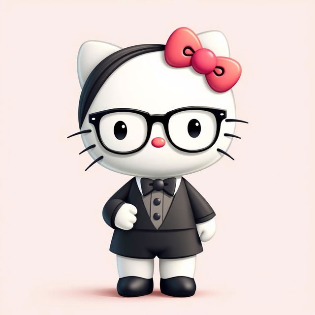 Hello Kitty with sleek black hair, wearing stylish glasses, dressed in a formal outfit