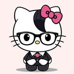 Hello Kitty with sleek black hair, wearing stylish glasses, dressed in a formal outfit