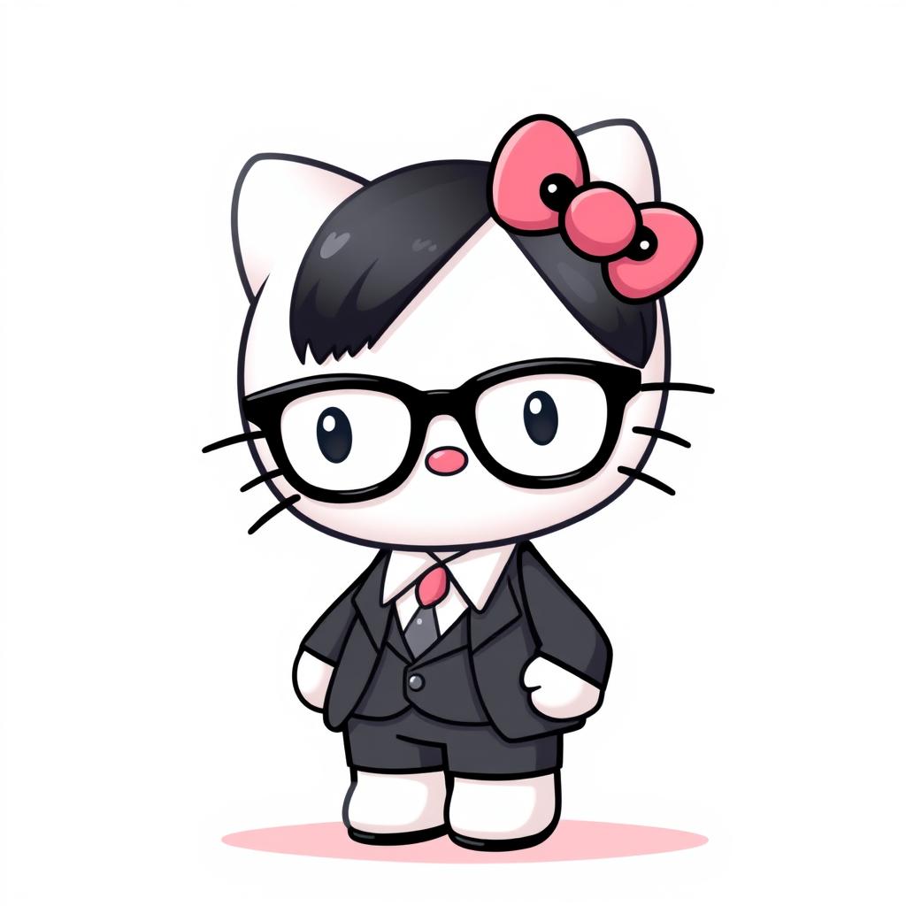 Hello Kitty with sleek black hair, wearing stylish glasses, dressed in a formal outfit