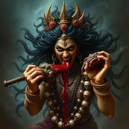 A powerful and intense depiction of Devi Kali in a fury, drinking the blood of the Raktabeej demon