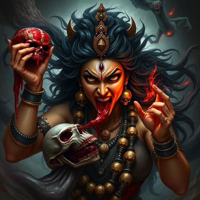 A powerful and intense depiction of Devi Kali in a fury, drinking the blood of the Raktabeej demon