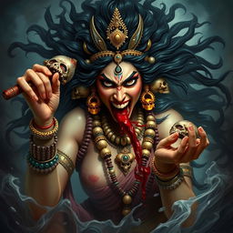 A powerful and intense depiction of Devi Kali in a fury, drinking the blood of the Raktabeej demon