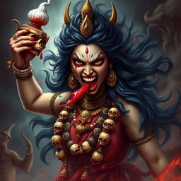 A powerful and intense depiction of Devi Kali in a fury, drinking the blood of the Raktabeej demon