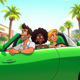 A vibrant animated scene depicting a man and two women of color sitting in a green sports car