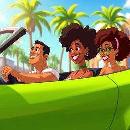 A vibrant animated scene depicting a man and two women of color sitting in a green sports car