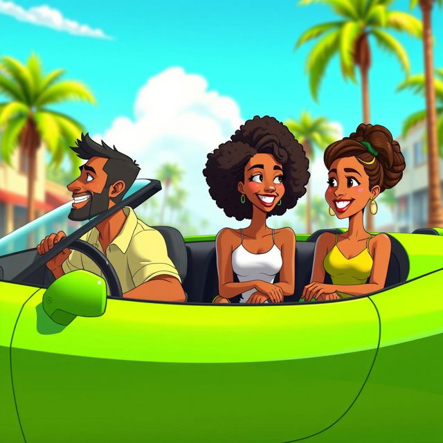 A vibrant animated scene depicting a man and two women of color sitting in a green sports car