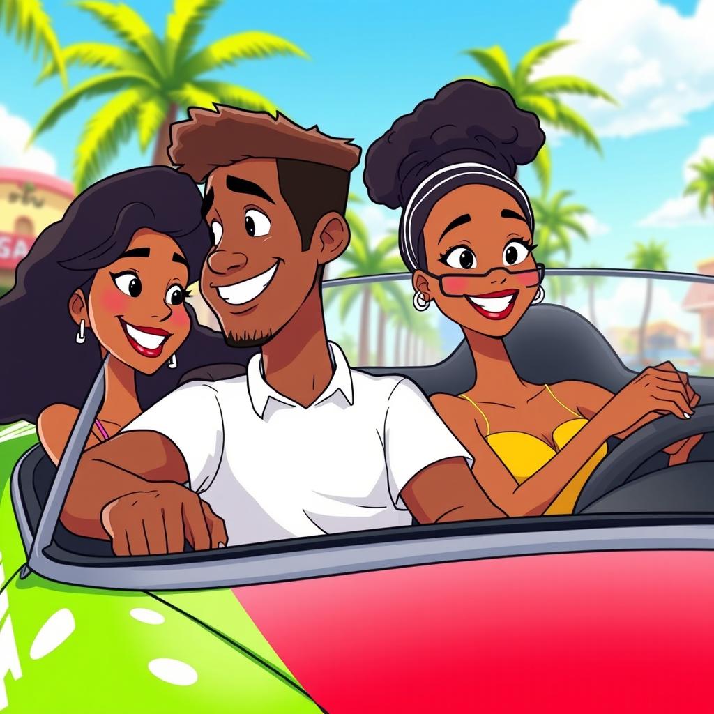 A vibrant animated scene depicting a man and two women of color sitting in a green sports car