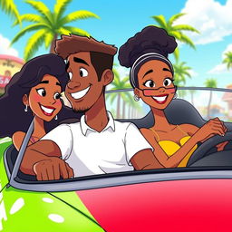 A vibrant animated scene depicting a man and two women of color sitting in a green sports car