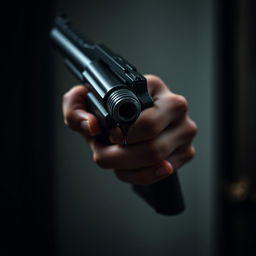 A close-up of a right hand gripping a dark, sleek revolver, pointed downwards