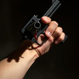 A close-up of a right hand gripping a dark, sleek revolver, pointed downwards