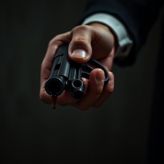 A close-up of a right hand gripping a dark, sleek revolver, pointed downwards