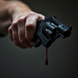 A close-up of a right hand gripping a dark, sleek revolver, pointed downwards