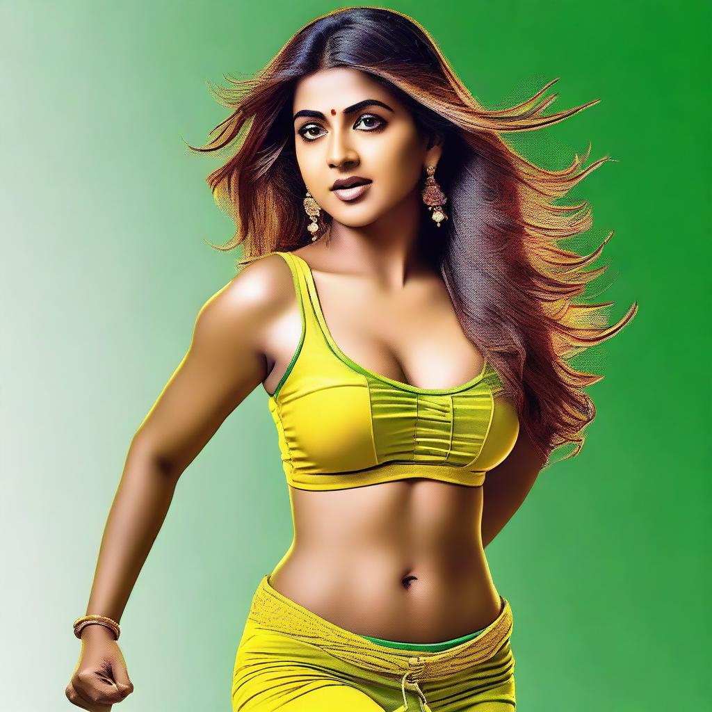 A high-quality digital art image featuring Nayanthara, a prominent actress, dancing in a vibrant green panty and a yellow bra