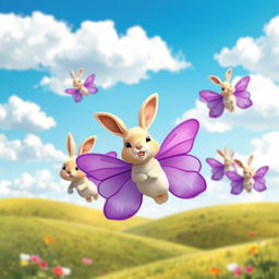 A whimsical scene featuring adorable flying rabbits with vibrant purple wings