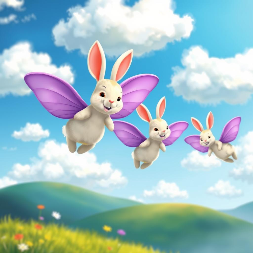 A whimsical scene featuring adorable flying rabbits with vibrant purple wings