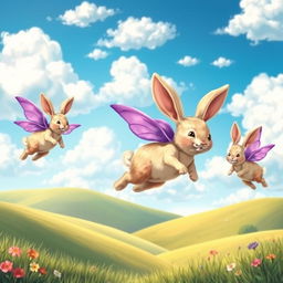 A whimsical scene featuring adorable flying rabbits with vibrant purple wings