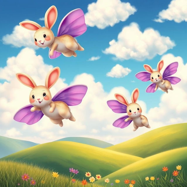 A whimsical scene featuring adorable flying rabbits with vibrant purple wings