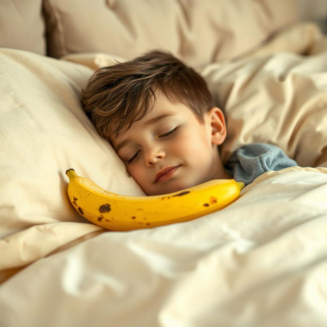 A realistic scene of a boy lying in a cozy bed featuring soft, warm bedding