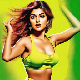 A high-quality digital art image featuring Nayanthara, a prominent actress, dancing in a vibrant green panty and a yellow bra