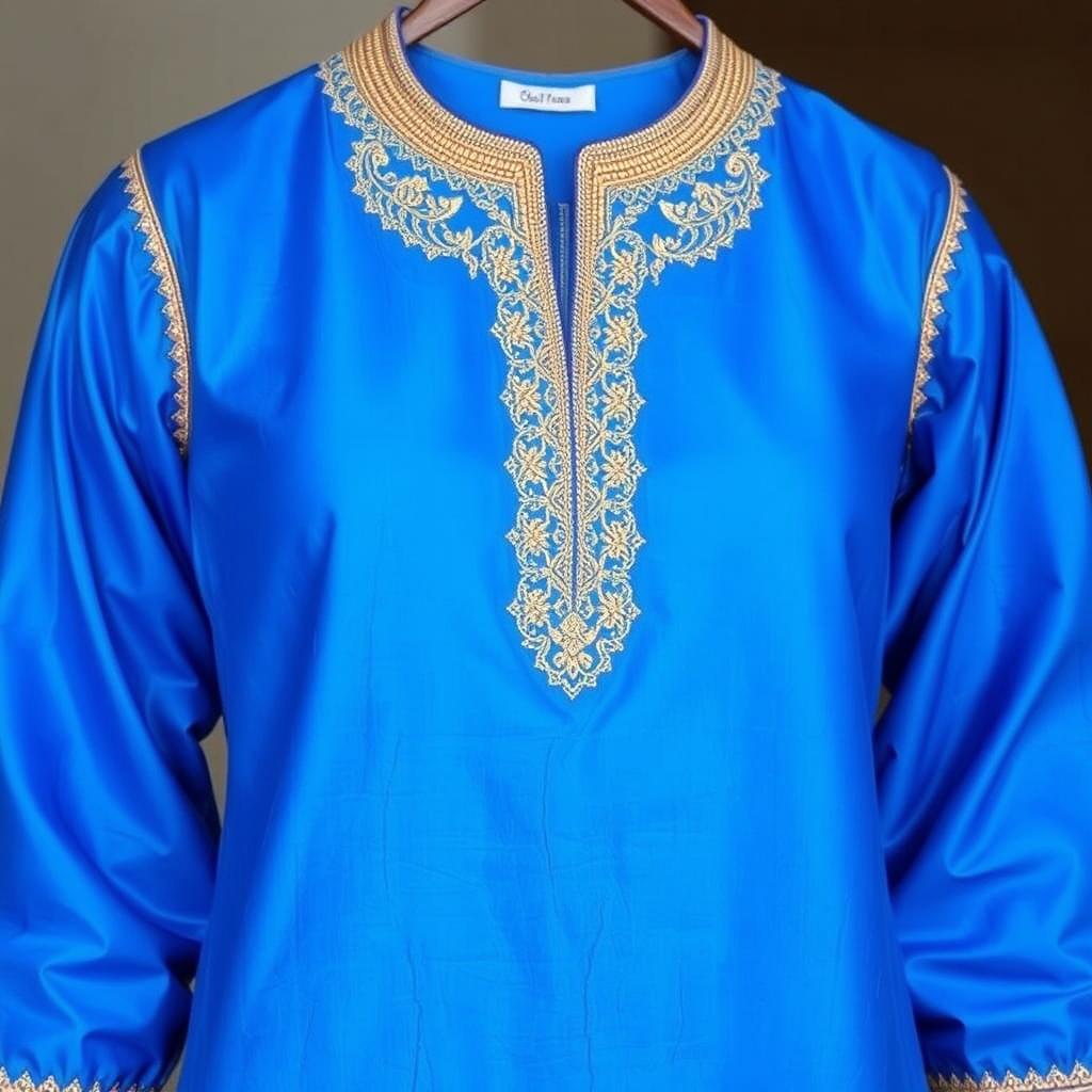 A beautifully tailored kurta made from soft, flowing fabric with intricate embroidery along the neckline and sleeves