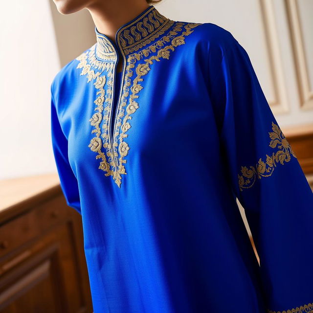 A beautifully tailored kurta made from soft, flowing fabric with intricate embroidery along the neckline and sleeves