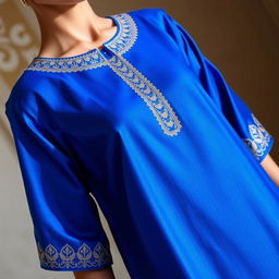 A beautifully tailored kurta made from soft, flowing fabric with intricate embroidery along the neckline and sleeves