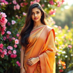 A hot girl wearing a traditional saree, the saree beautifully draped and showcasing intricate patterns and vibrant colors